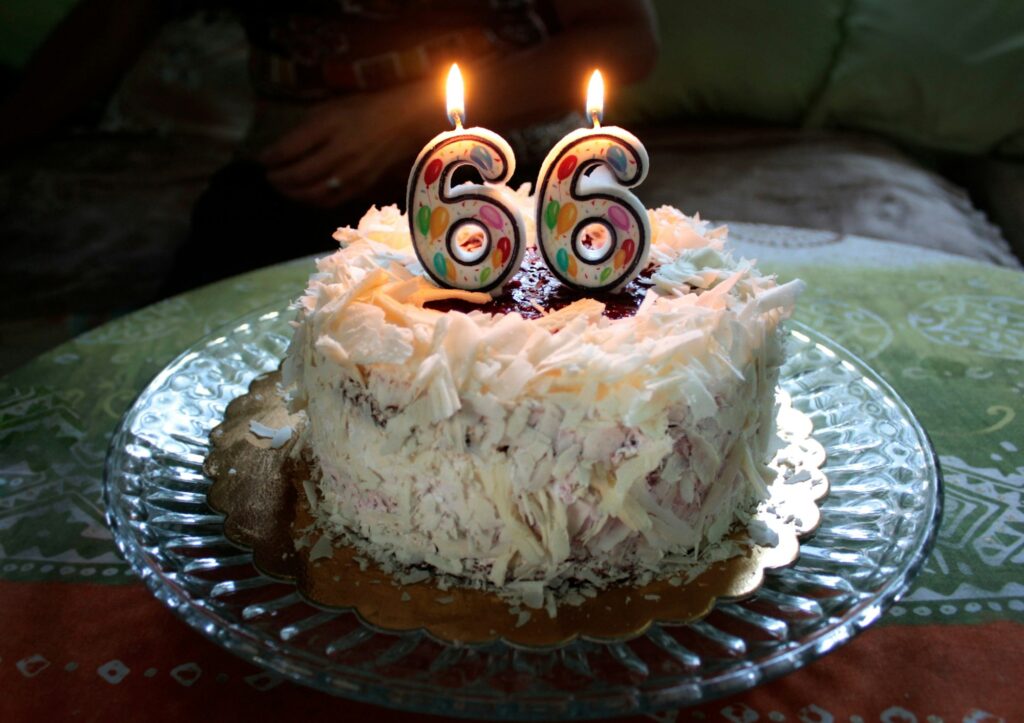 Birthday cake and 66 ages numbers